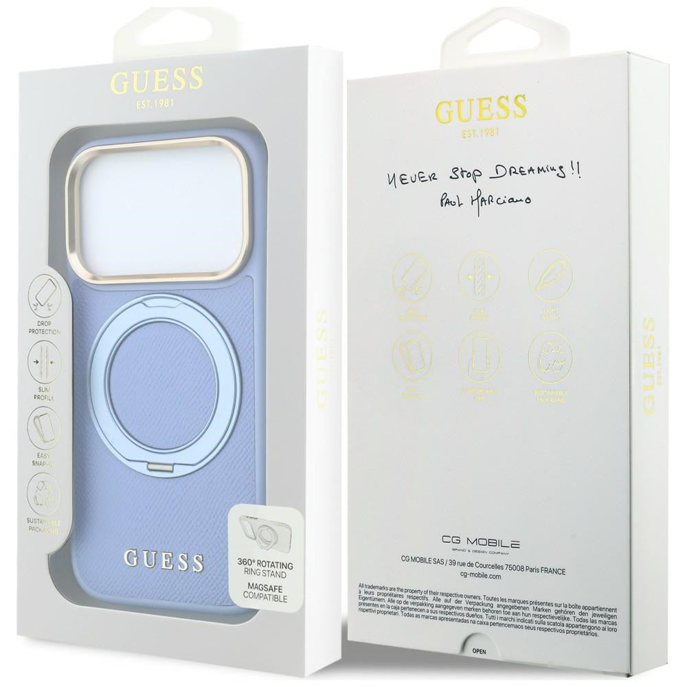 Coque MagSafe pour Apple iPhone 18 Pro Max / 17 Pro Max, Guess, Grained Ring Stand 360 Classic, bleu