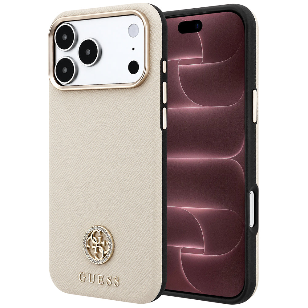 Custodia MagSafe per Apple iPhone 18 Pro Max / 17 Pro Max, Guess, Logo Rotondo con Strass Granulato, Beige