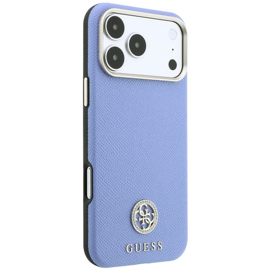 Custodia MagSafe per Apple iPhone 18 Pro Max / 17 Pro Max, Guess, Logo Strass Rotondo Granulato, Blu