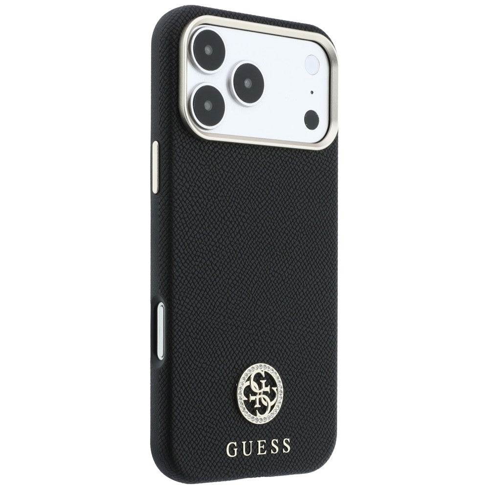 MagSafe-Hülle für Apple iPhone 18 Pro Max / 17 Pro Max, Guess, genarbtes rundes Strass-Logo, Schwarz
