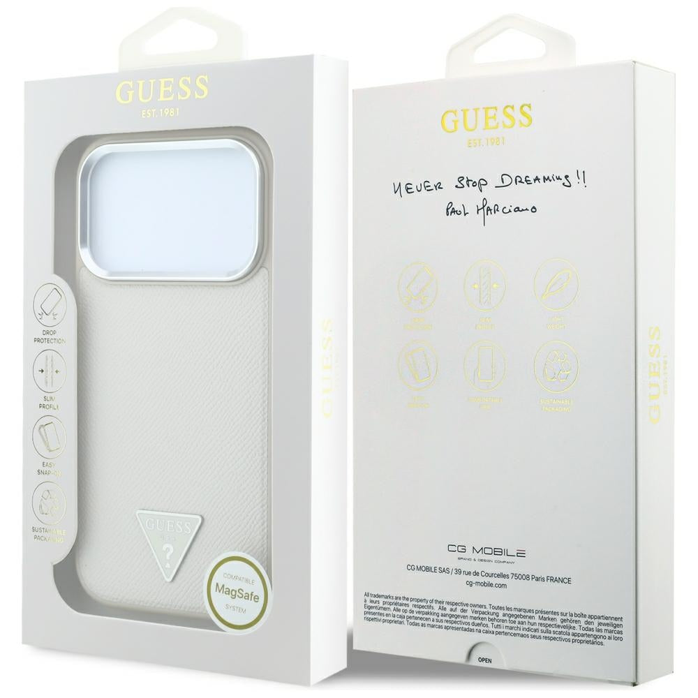Coque MagSafe pour Apple iPhone 18 Pro Max / 17 Pro Max, Guess, Logo Triangle Grainé, Beige