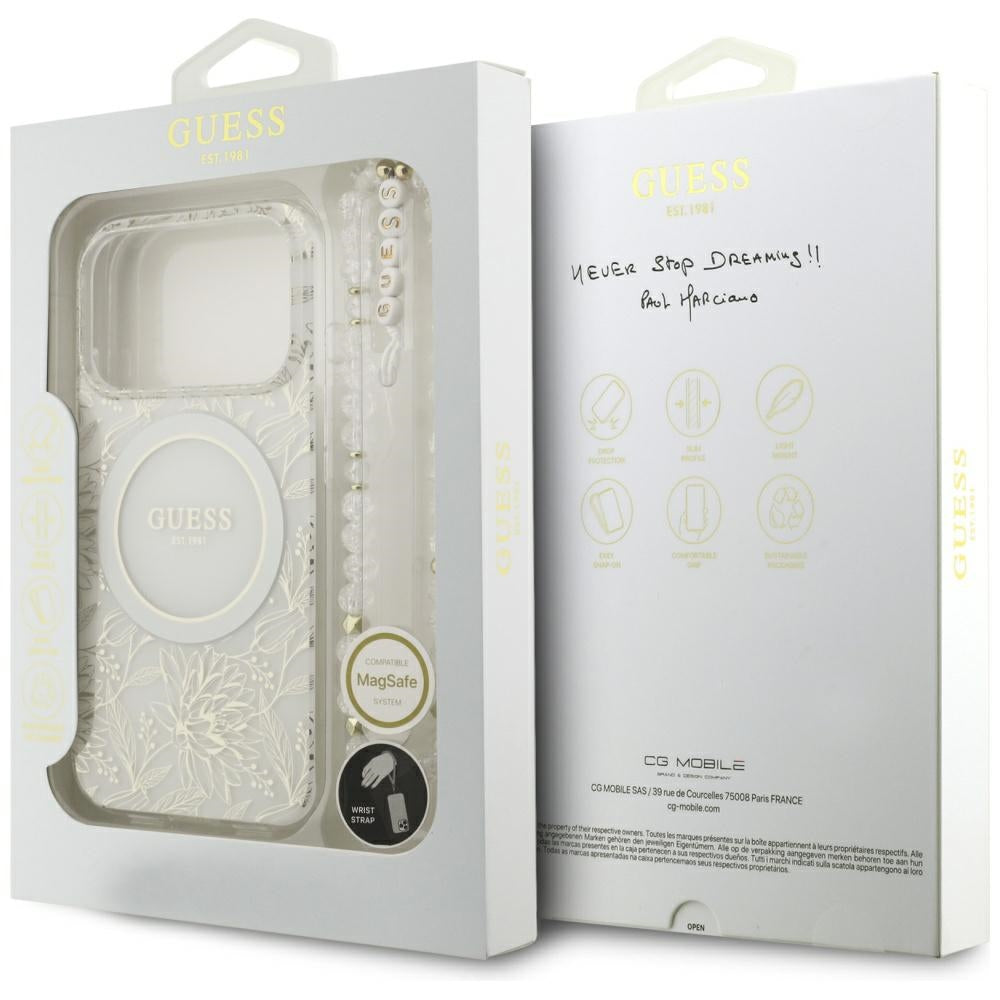 MagSafe-Hülle für Apple iPhone 18 Pro Max / 17 Pro Max, Guess, IML Flowers elektroplattiert mit Perlenriemen, Weiß