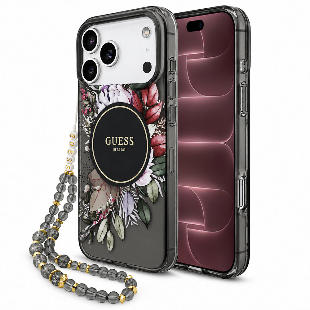MagSafe-Hülle für Apple iPhone 18 Pro Max / 17 Pro Max, Guess, IML Flowers with Pearl Strap, Schwarz