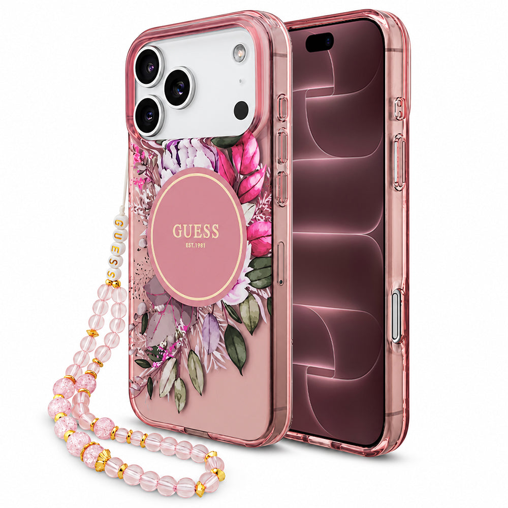 MagSafe-Hülle für Apple iPhone 18 Pro Max / 17 Pro Max, Guess, IML Flowers with Pearl Strap, Rosa