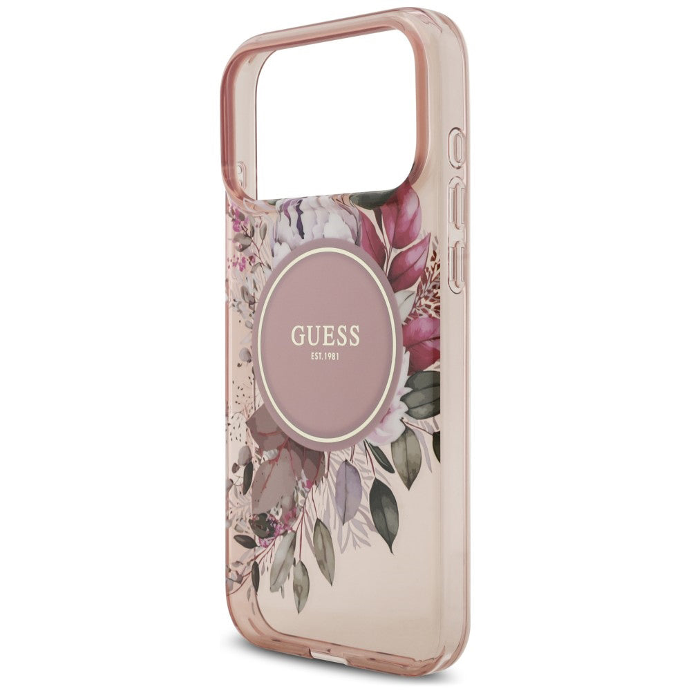MagSafe-Hülle für Apple iPhone 18 Pro Max / 17 Pro Max, Guess, IML Flowers with Pearl Strap, Rosa