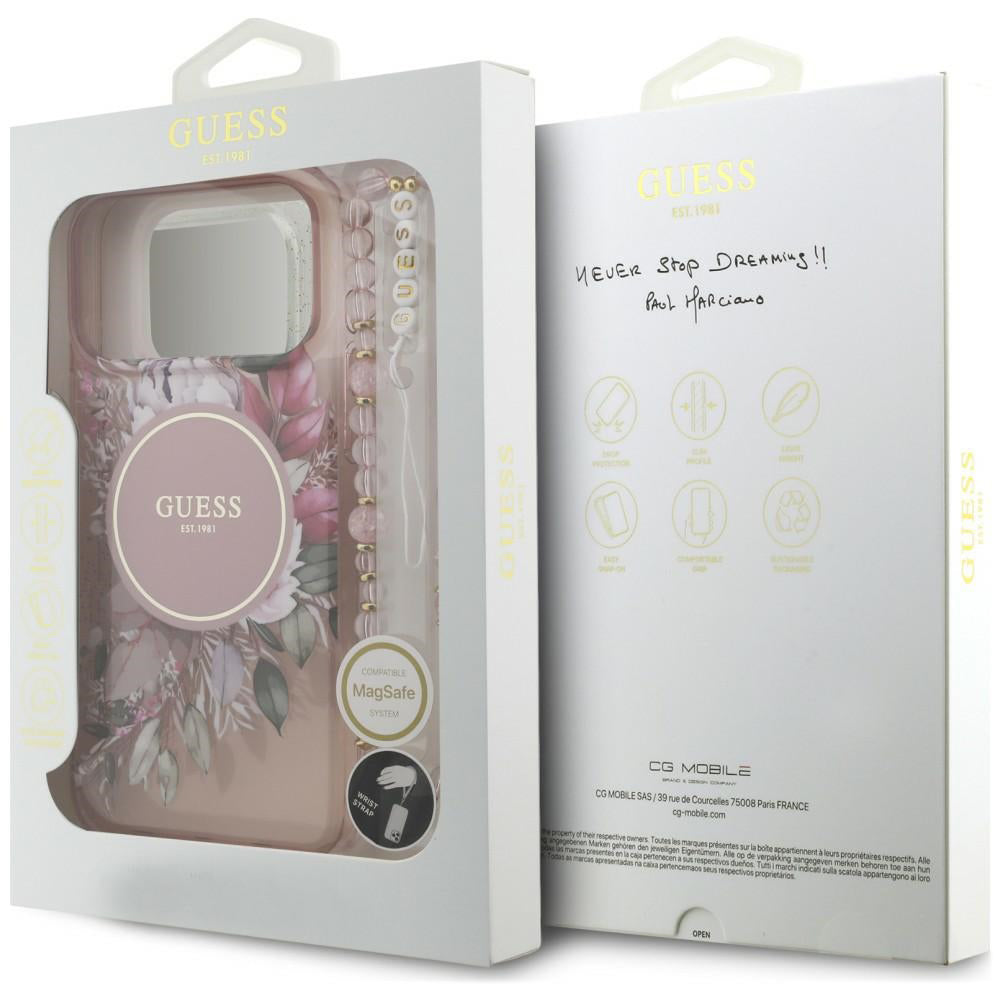MagSafe-Hülle für Apple iPhone 18 Pro Max / 17 Pro Max, Guess, IML Flowers with Pearl Strap, Rosa