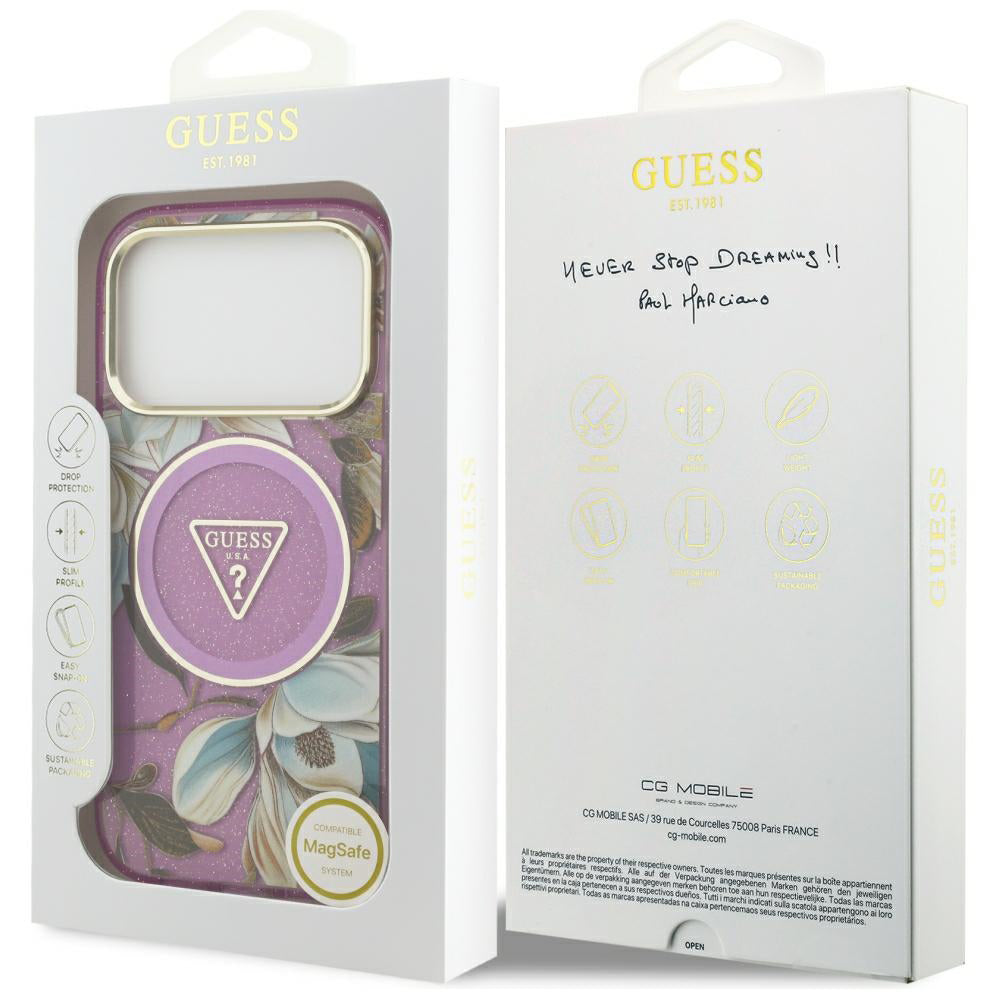Custodia MagSafe per Apple iPhone 18 Pro Max / 17 Pro Max, Guess, IML Metal Glitter Flowers Triangle, Viola
