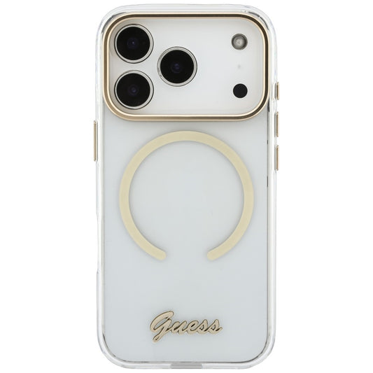 Custodia MagSafe per Apple iPhone 18 Pro Max / 17 Pro Max, Guess, IML Script Metal, trasparente