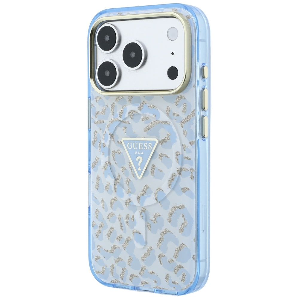 Coque MagSafe pour Apple iPhone 18 Pro Max / 17 Pro Max, Guess, Logo Triangle Paillettes Léopard, Bleu