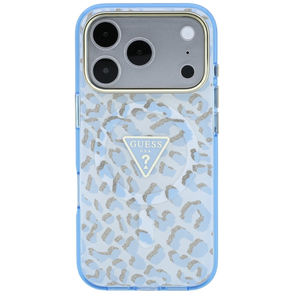 Coque MagSafe pour Apple iPhone 18 Pro Max / 17 Pro Max, Guess, Logo Triangle Paillettes Léopard, Bleu