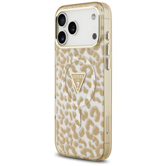 Custodia MagSafe per Apple iPhone 18 Pro Max / 17 Pro Max, Guess, Logo Triangolo Glitter Leopardo, Marrone