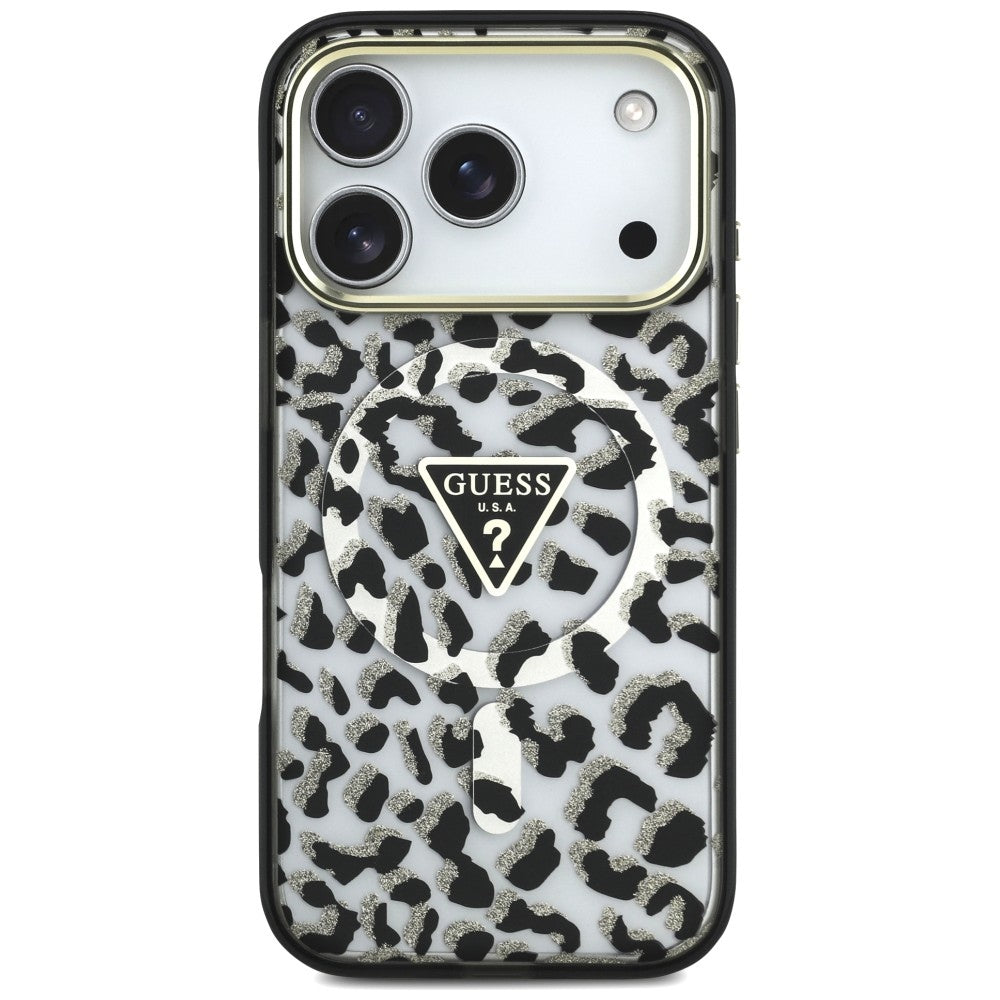 MagSafe-Hülle für Apple iPhone 18 Pro Max / 17 Pro Max, Guess, Leopard Glitter Dreieck Logo, Schwarz