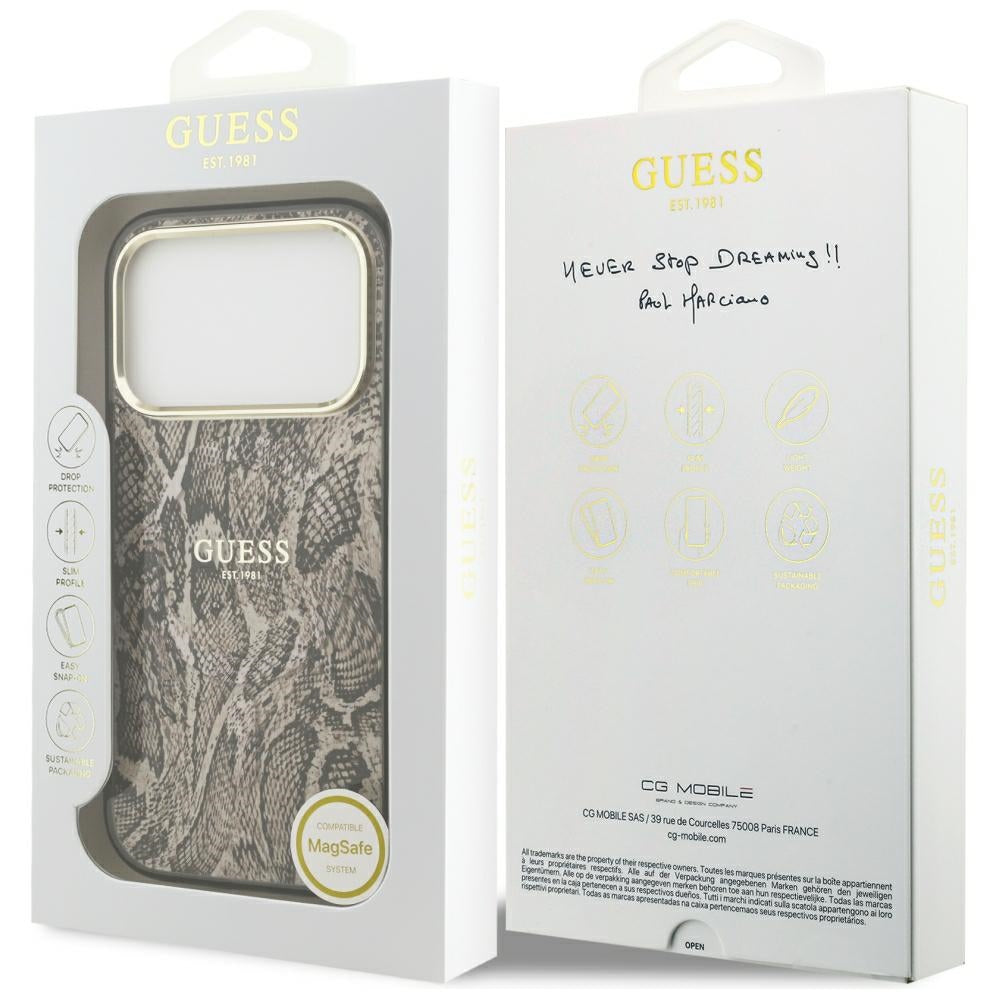 Custodia MagSafe per Apple iPhone 18 Pro Max / 17 Pro Max, Guess, motivo pitone, marrone