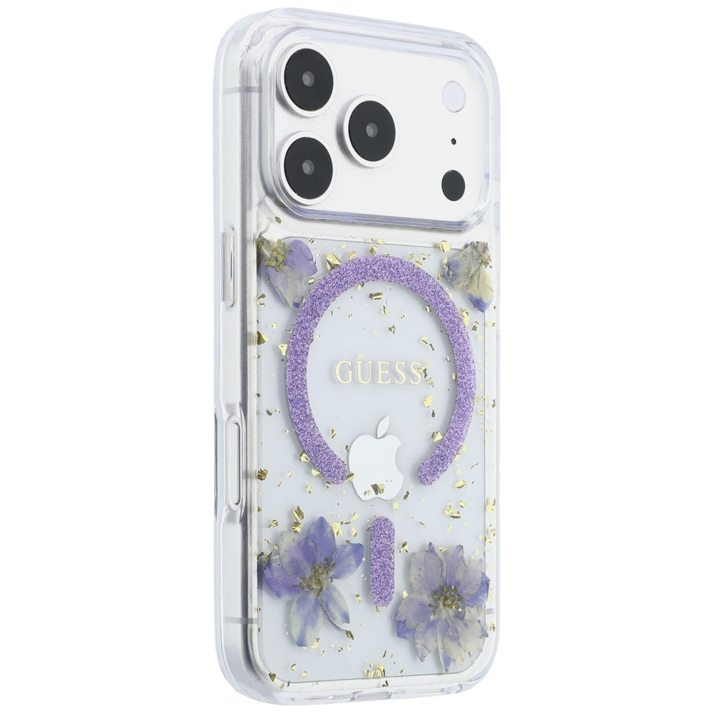 Coque MagSafe pour Apple iPhone 18 Pro Max / 17 Pro Max, Guess, Fleurs en résine et paillettes, Violet