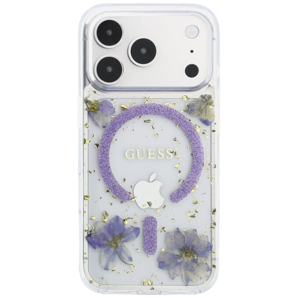 Coque MagSafe pour Apple iPhone 18 Pro Max / 17 Pro Max, Guess, Fleurs en résine et paillettes, Violet