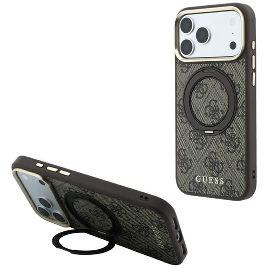 Coque MagSafe pour Apple iPhone 18 Pro Max / 17 Pro Max, Guess, Support Anneau 360 4G Logo Classique, Marron