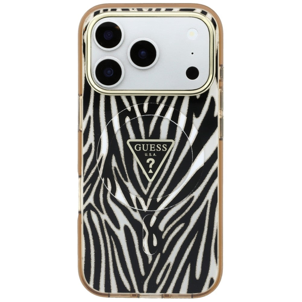 MagSafe-Hülle für Apple iPhone 18 Pro Max / 17 Pro Max, Guess, Zebra Glitter Dreieck Logo, Gold