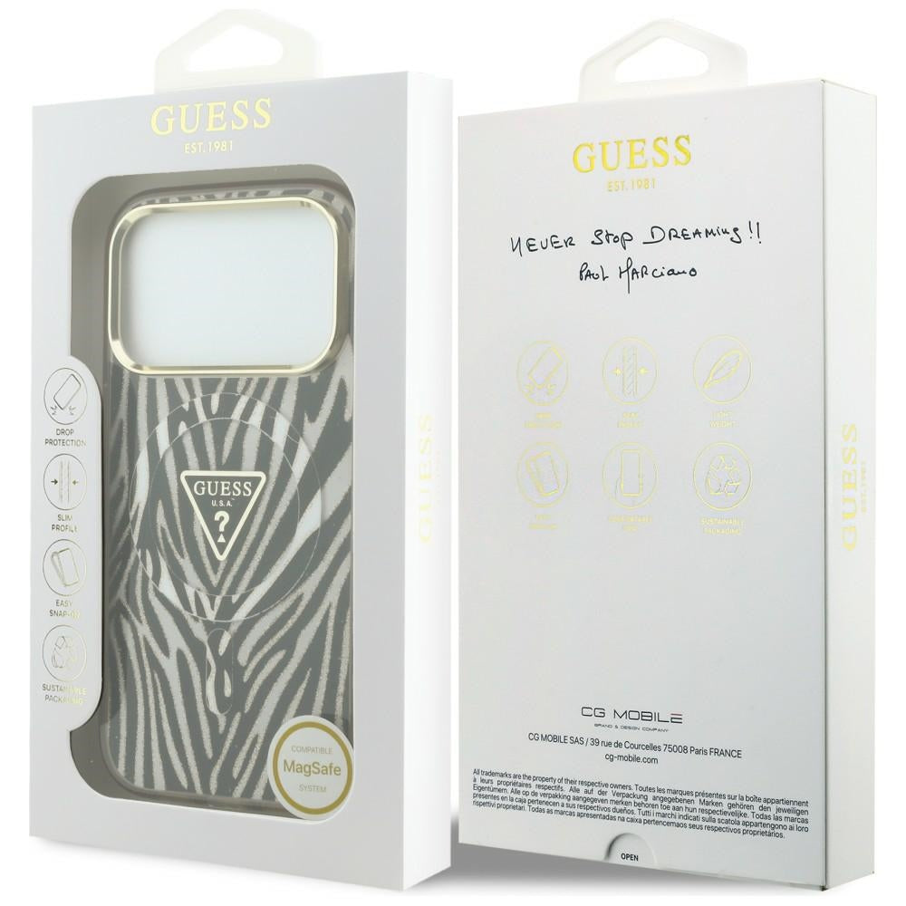 MagSafe-Hülle für Apple iPhone 18 Pro Max / 17 Pro Max, Guess, Zebra Glitter Dreieck Logo, Gold