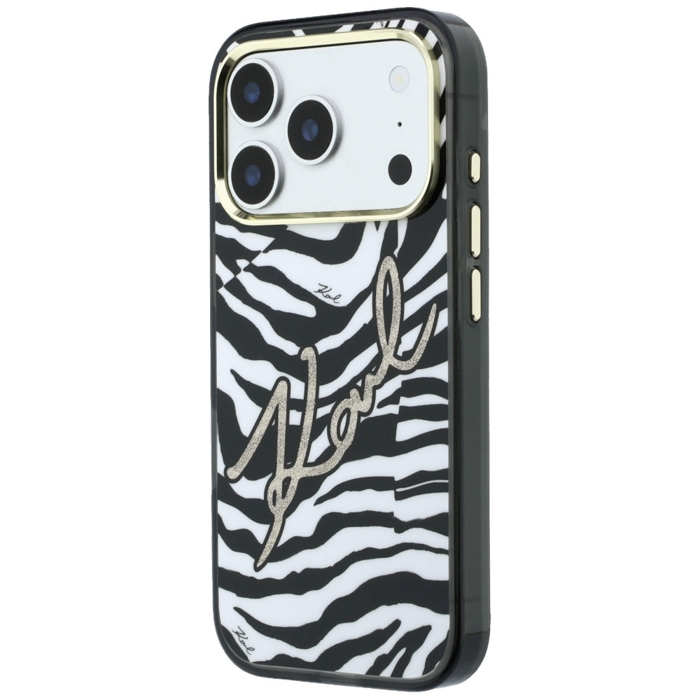 Custodia MagSafe per Apple iPhone 18 Pro Max / 17 Pro Max, Karl Lagerfeld, HC IML Signature Zebra Glitter Gold, Nera