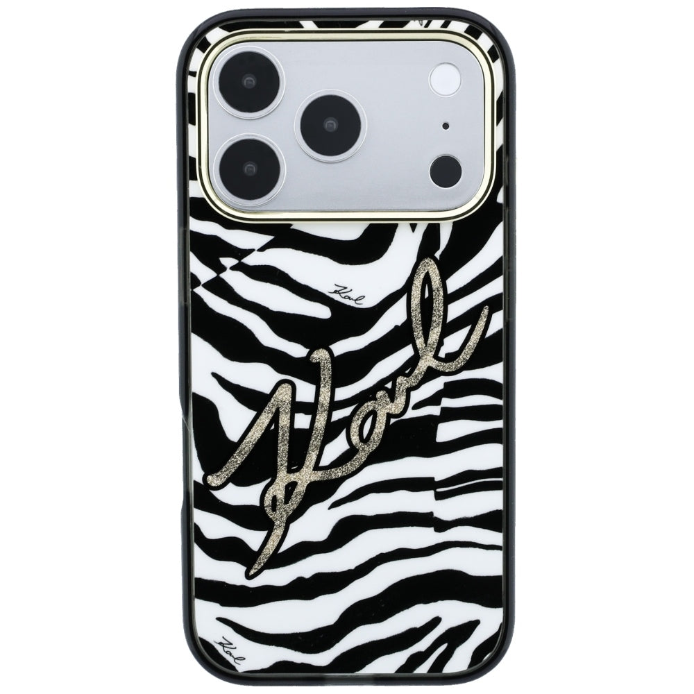Custodia MagSafe per Apple iPhone 18 Pro Max / 17 Pro Max, Karl Lagerfeld, HC IML Signature Zebra Glitter Gold, Nera