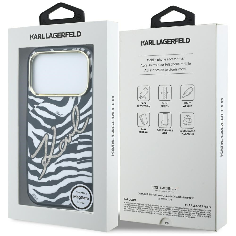 Custodia MagSafe per Apple iPhone 18 Pro Max / 17 Pro Max, Karl Lagerfeld, HC IML Signature Zebra Glitter Gold, Nera
