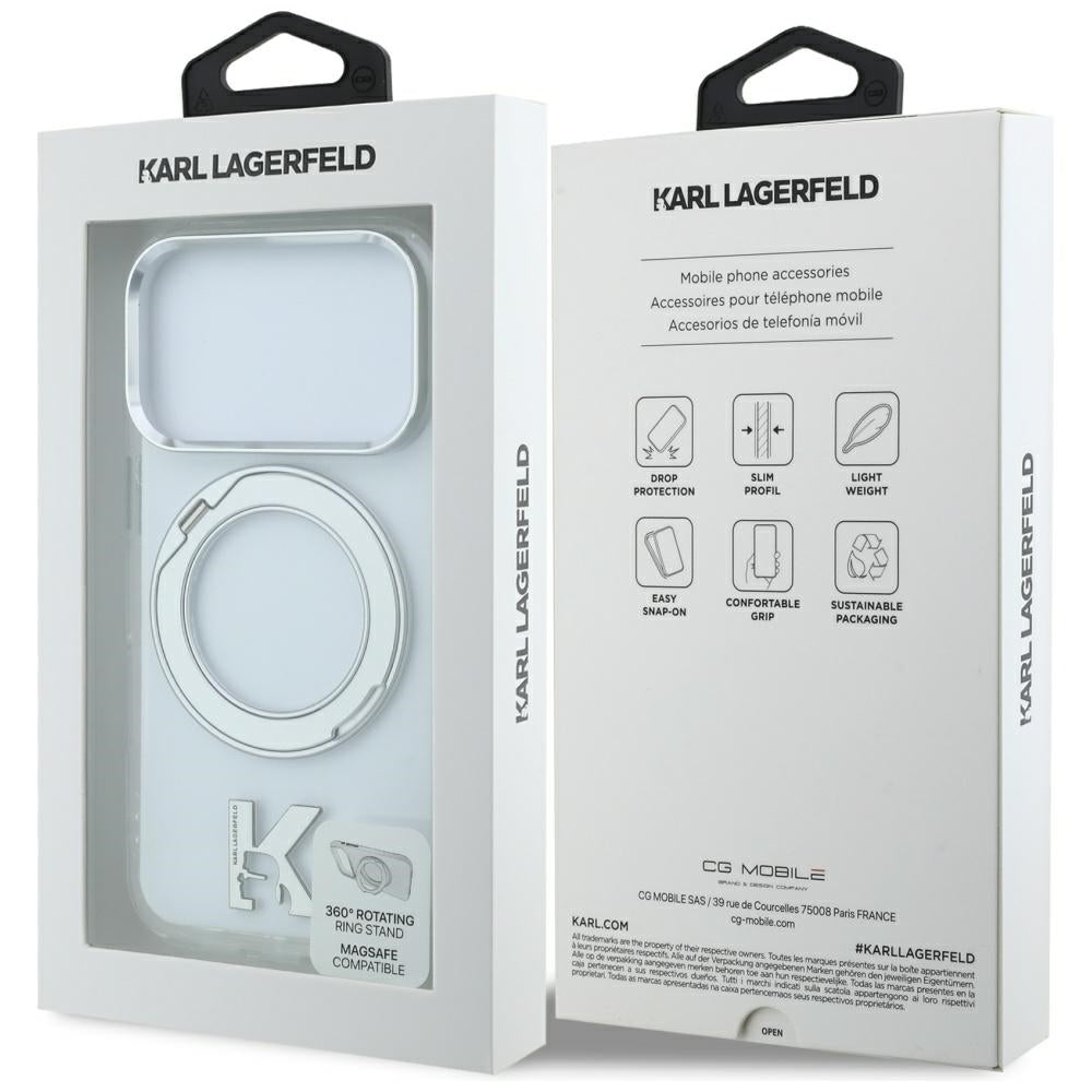 MagSafe-Hülle für Apple iPhone 18 Pro Max / 17 Pro Max, Karl Lagerfeld, IML Ring Stand Kameo Metall, Transparent