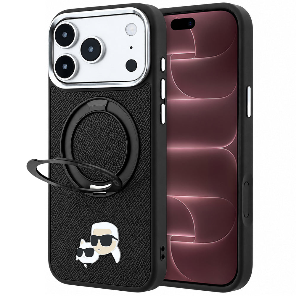 Custodia MagSafe per Apple iPhone 18 Pro Max / 17 Pro Max, Karl Lagerfeld, Ring Stand 360 Karl & Choupette Pin, Nera