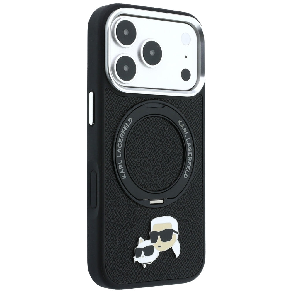 Custodia MagSafe per Apple iPhone 18 Pro Max / 17 Pro Max, Karl Lagerfeld, Ring Stand 360 Karl & Choupette Pin, Nera