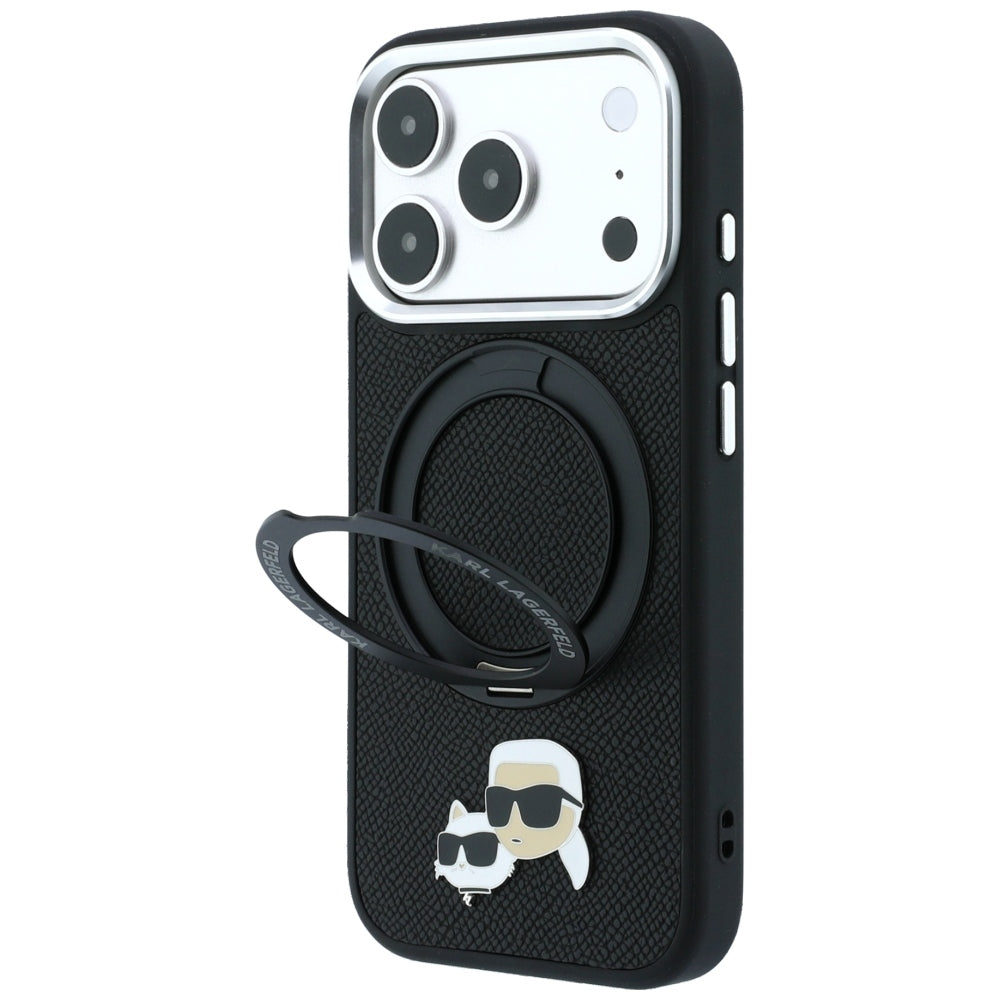 Custodia MagSafe per Apple iPhone 18 Pro Max / 17 Pro Max, Karl Lagerfeld, Ring Stand 360 Karl & Choupette Pin, Nera