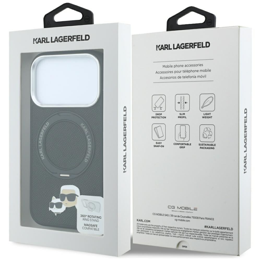 Custodia MagSafe per Apple iPhone 18 Pro Max / 17 Pro Max, Karl Lagerfeld, Ring Stand 360 Karl & Choupette Pin, Nera