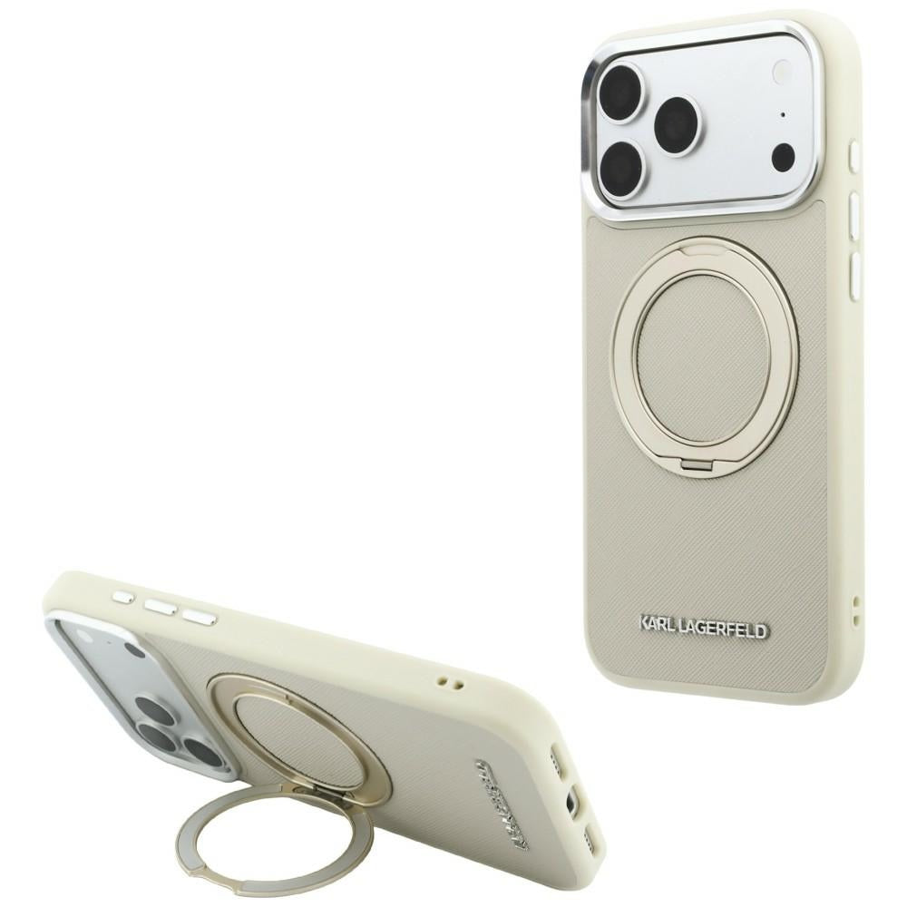 Coque MagSafe pour Apple iPhone 18 Pro Max / 17 Pro Max, Karl Lagerfeld, Ring Stand 360 Saffiano, beige
