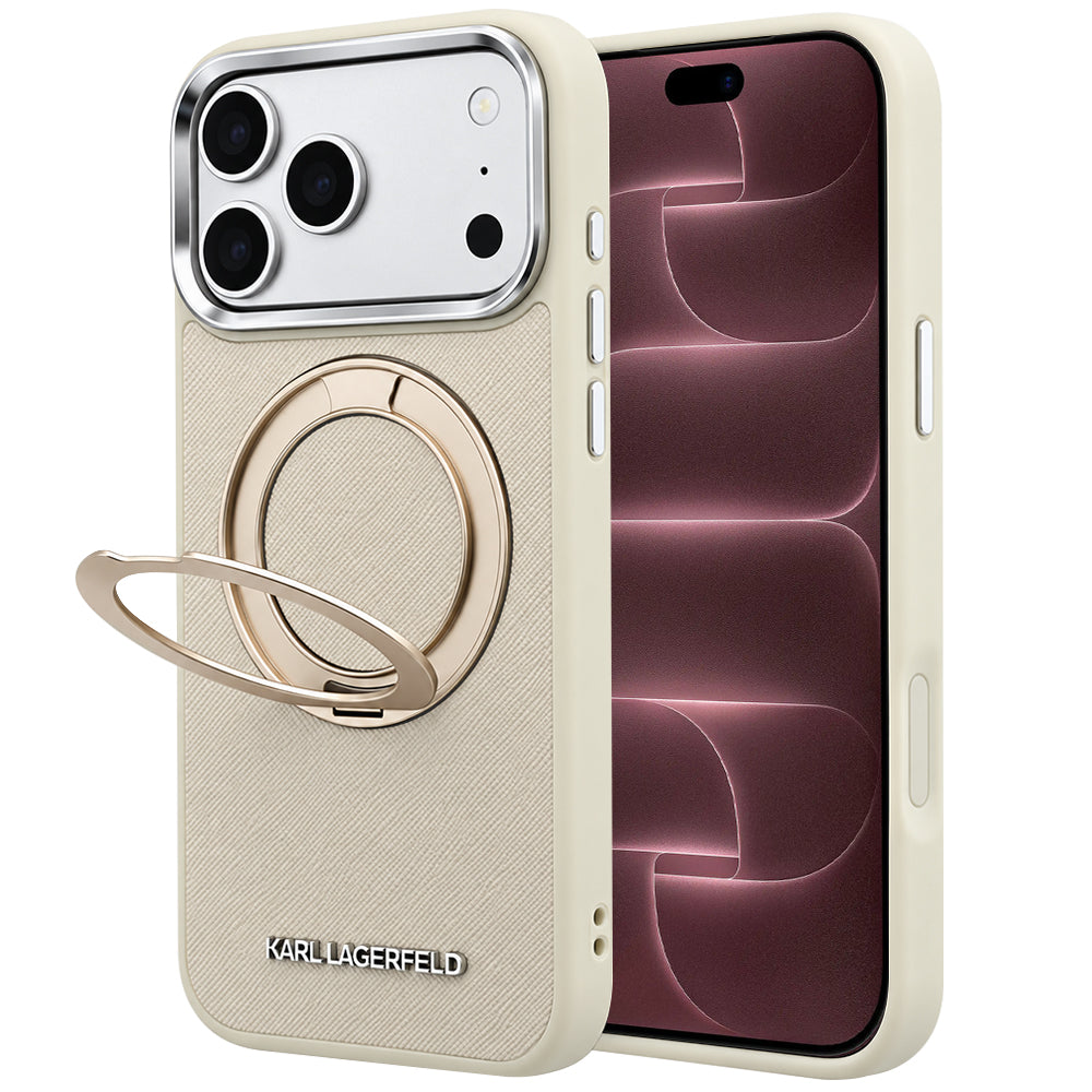 Coque MagSafe pour Apple iPhone 18 Pro Max / 17 Pro Max, Karl Lagerfeld, Ring Stand 360 Saffiano, beige