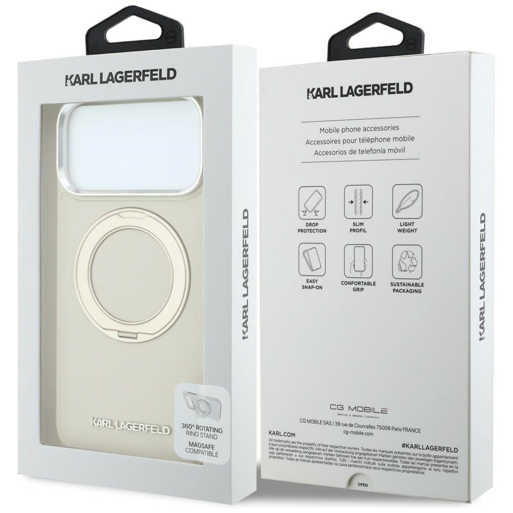 Coque MagSafe pour Apple iPhone 18 Pro Max / 17 Pro Max, Karl Lagerfeld, Ring Stand 360 Saffiano, beige