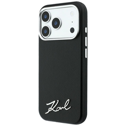 Custodia MagSafe per Apple iPhone 18 Pro Max / 17 Pro Max, Karl Lagerfeld, Saffiano Small Script Metal Logo, Nera
