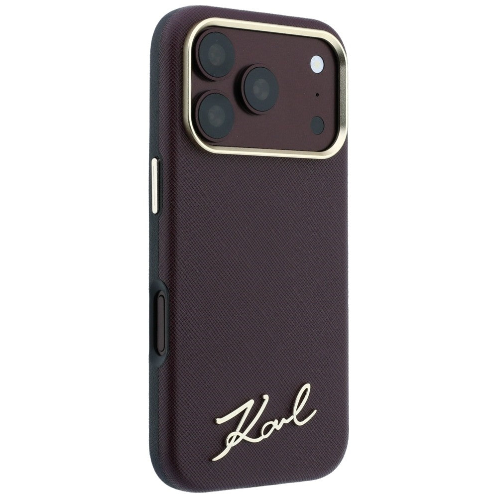 Coque MagSafe pour Apple iPhone 18 Pro Max / 17 Pro Max, Karl Lagerfeld, Logo Métallique Petit Script Saffiano, Bordeaux