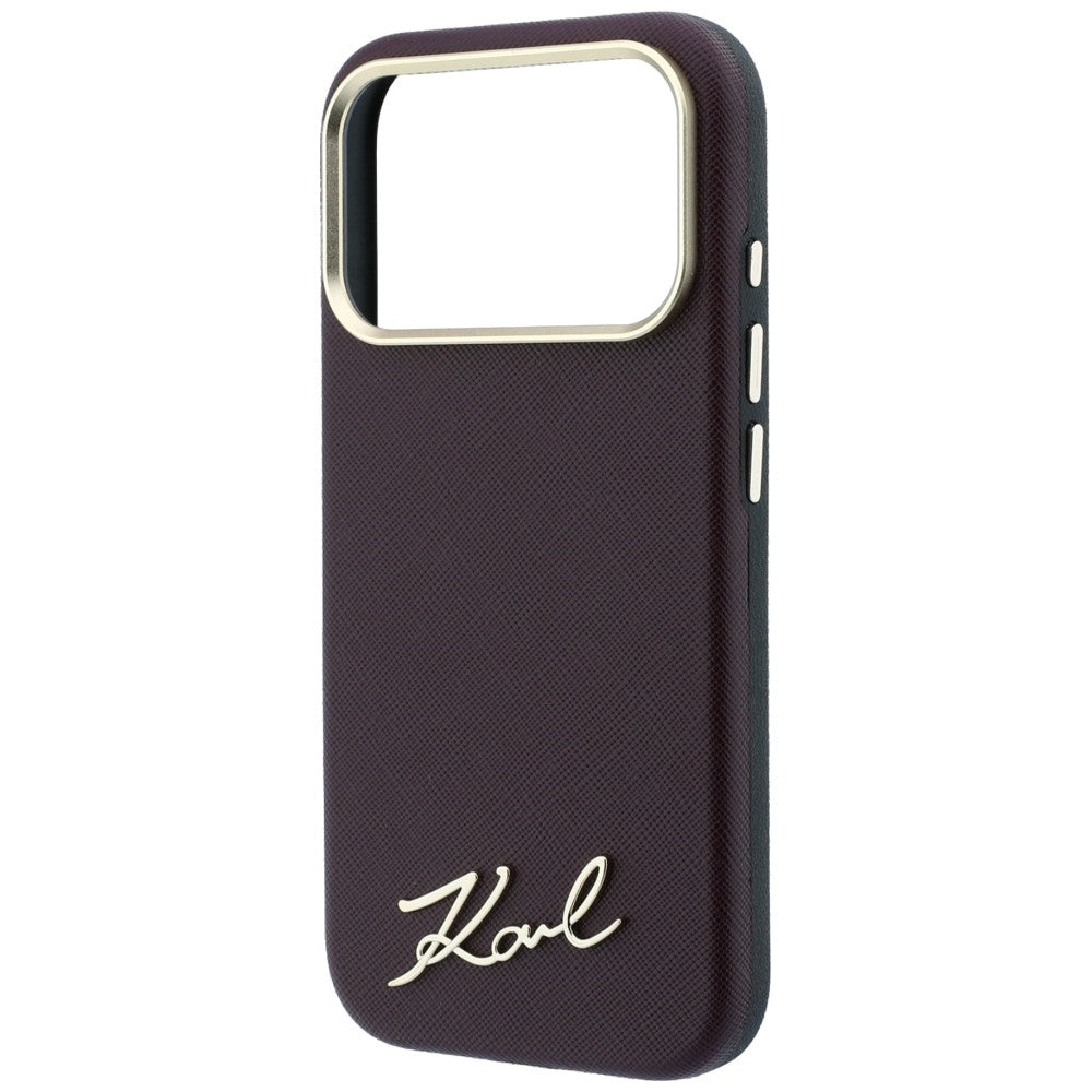 Coque MagSafe pour Apple iPhone 18 Pro Max / 17 Pro Max, Karl Lagerfeld, Logo Métallique Petit Script Saffiano, Bordeaux