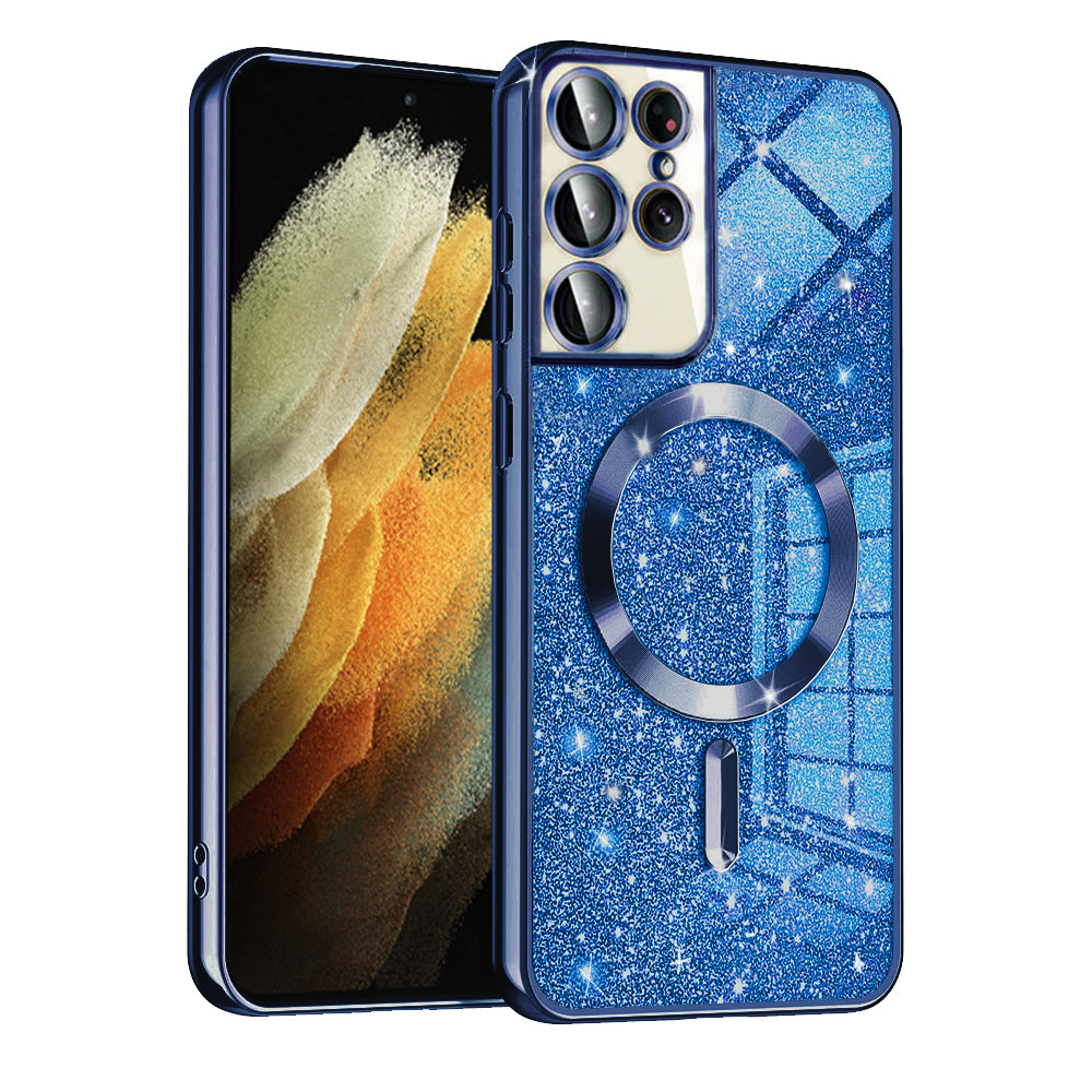 Coque MagSafe pour Samsung Galaxy S21 Ultra 5G G998, Techsuit, Luxury Glitter, Bleu Foncé