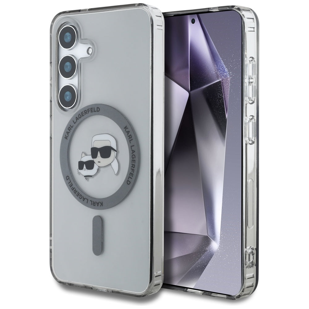 Custodia MagSafe per Samsung Galaxy S25 S931, Karl Lagerfeld, IML Metal Karl & Choupette's Heads, Nera