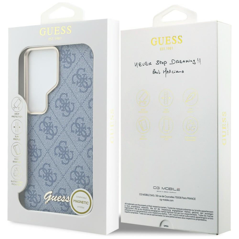 MagSafe Hülle für Samsung Galaxy S26 Ultra S948, Guess, 4G Script Logo, Blau