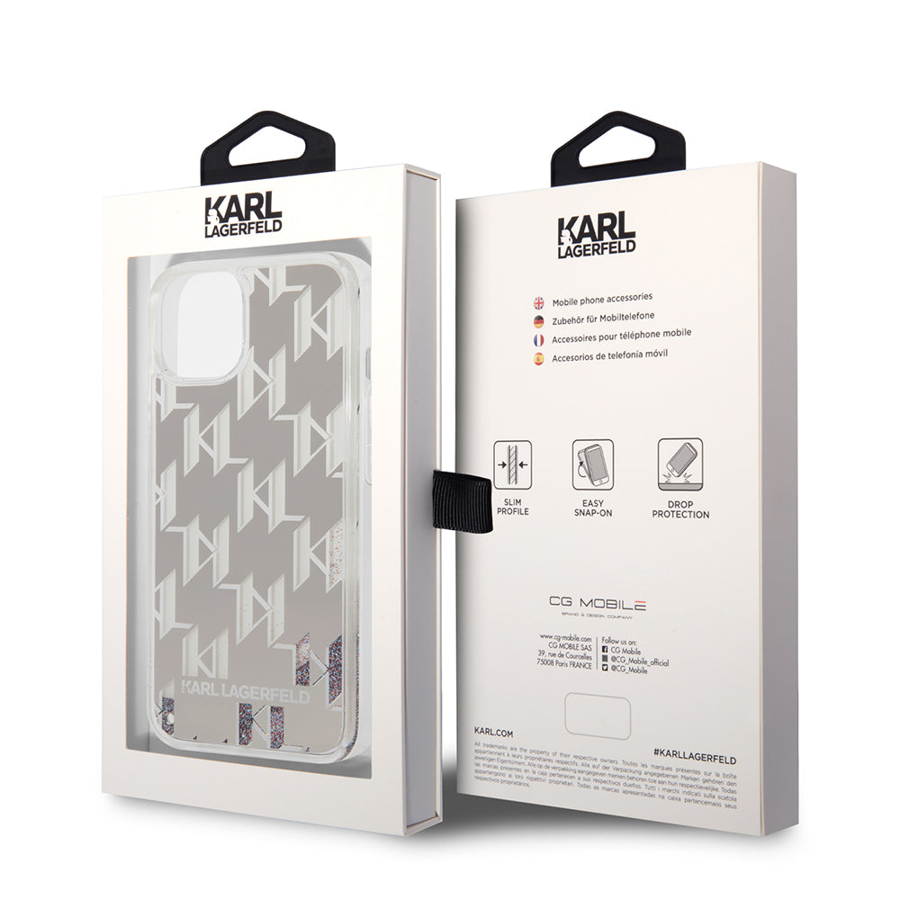 Custodia per Apple iPhone 14, Karl Lagerfeld, Liquid Glitter Monogram, Argento