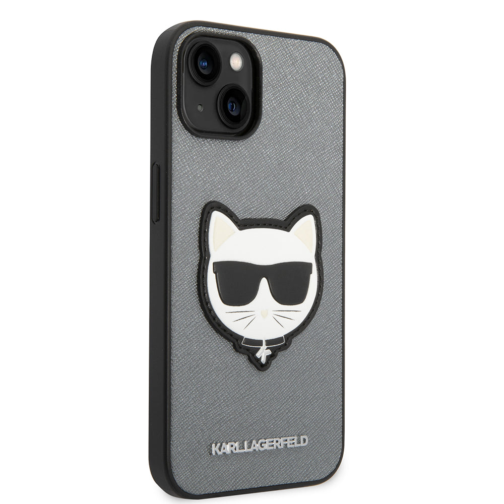 Hülle für Apple iPhone 14, Karl Lagerfeld, Saffiano Choupette's Head, Silbern