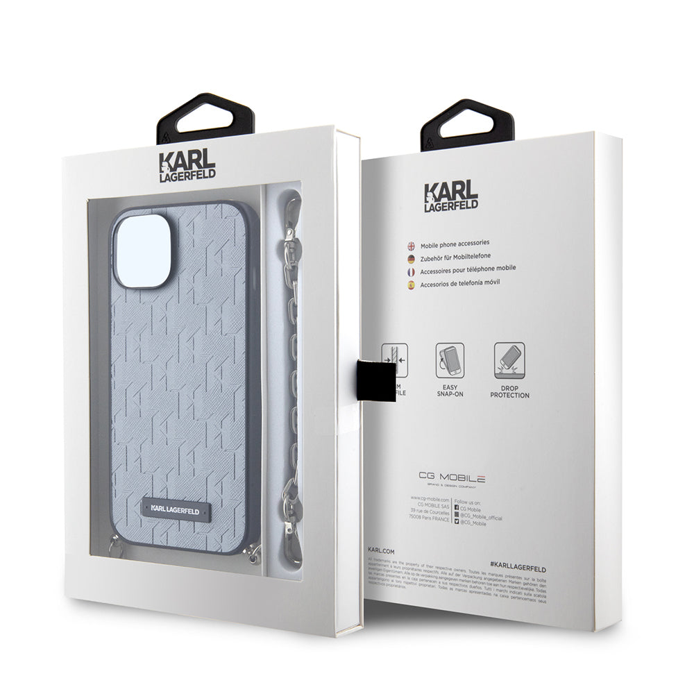 Custodia per Apple iPhone 14, Karl Lagerfeld, Saffiano Monogram Chain, Argento