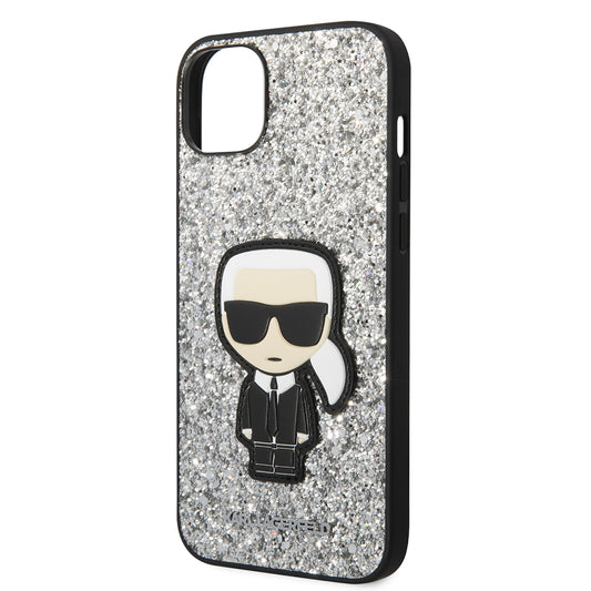 Custodia per Apple iPhone 14 Plus, Karl Lagerfeld, Glitter Flakes Ikonik Karl, Argento