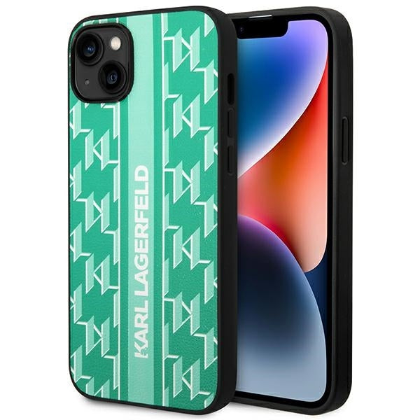 Hülle für Apple iPhone 14 Plus, Karl Lagerfeld, Monogram Stripe, Grün