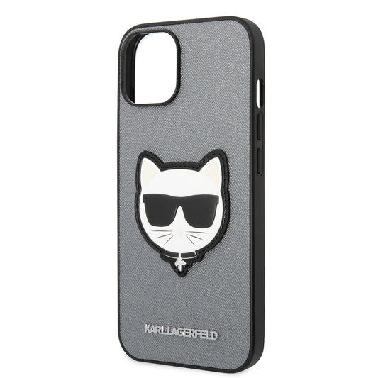 Hülle für Apple iPhone 14 Plus, Karl Lagerfeld, Saffiano Choupette's Head, Silbern