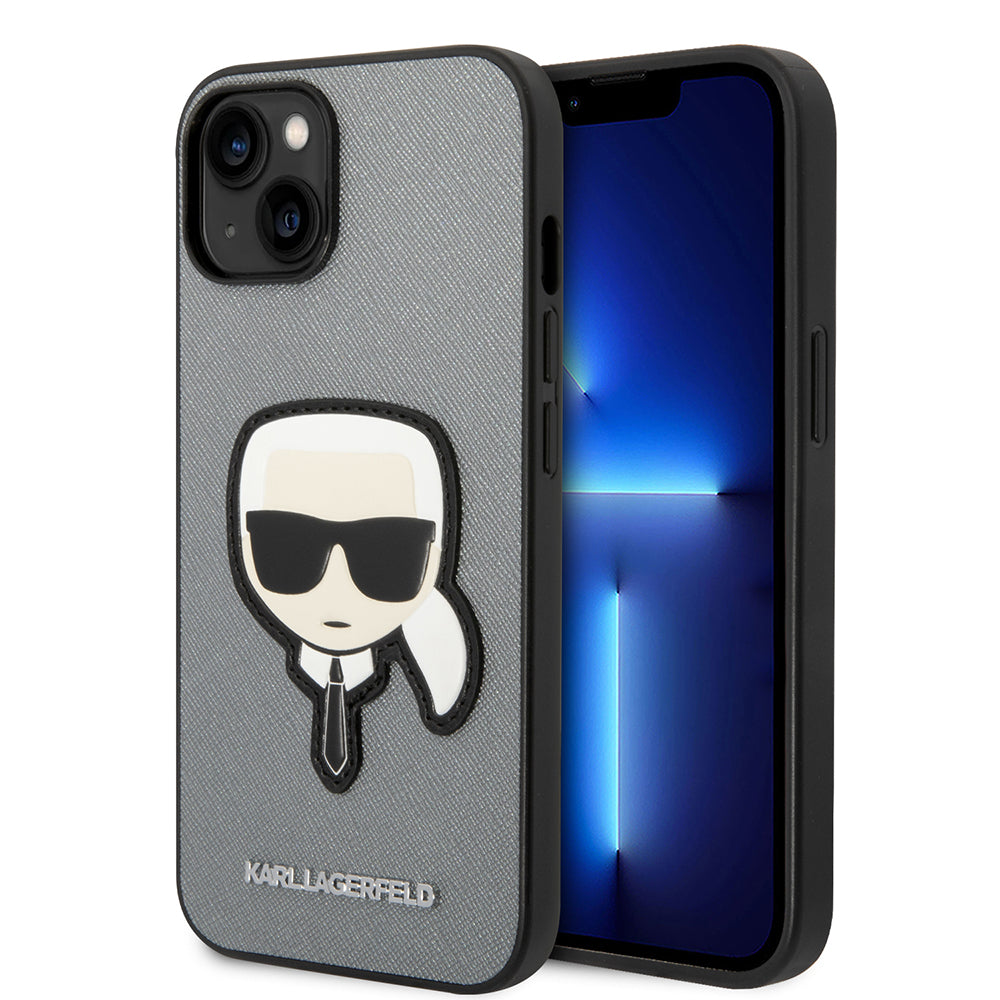 Hülle für Apple iPhone 14 Plus, Karl Lagerfeld, Saffiano Karl's Head, Silbern