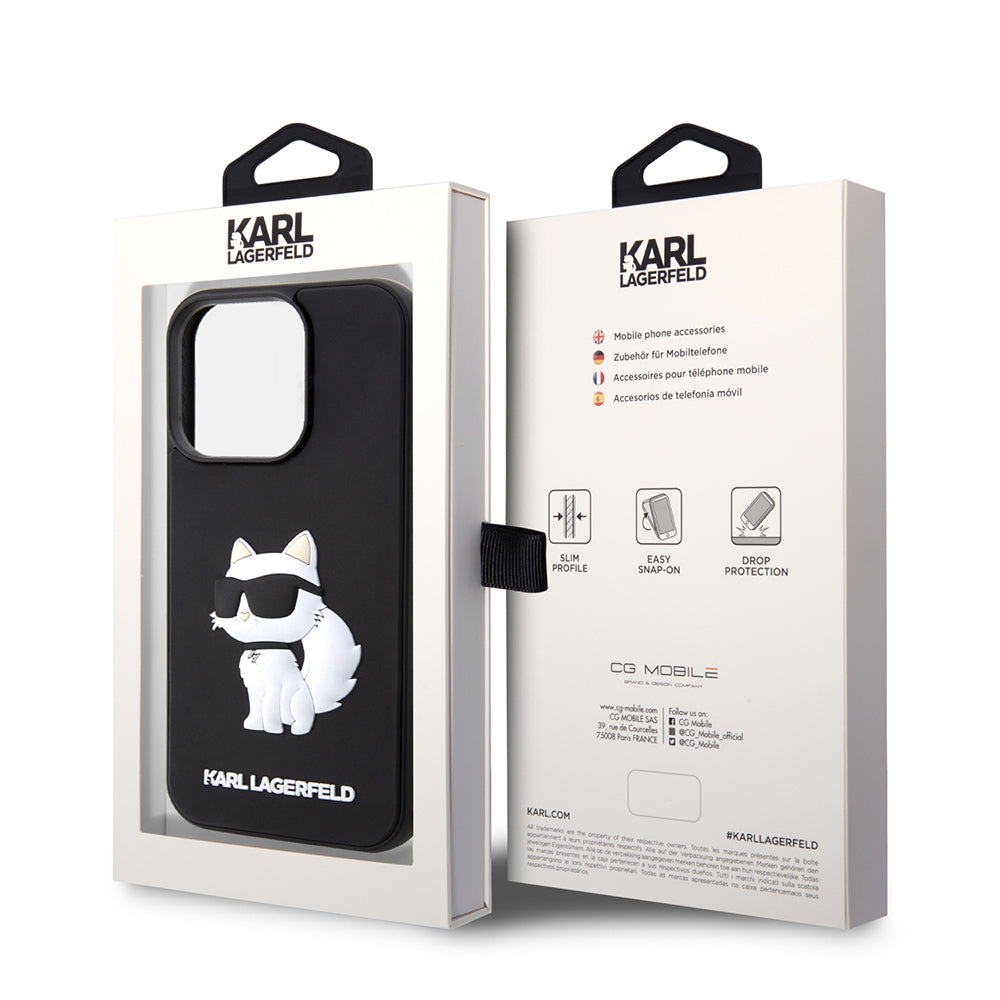 Custodia per Apple iPhone 14 Pro, Karl Lagerfeld, 3D Rubber Choupette, Nera