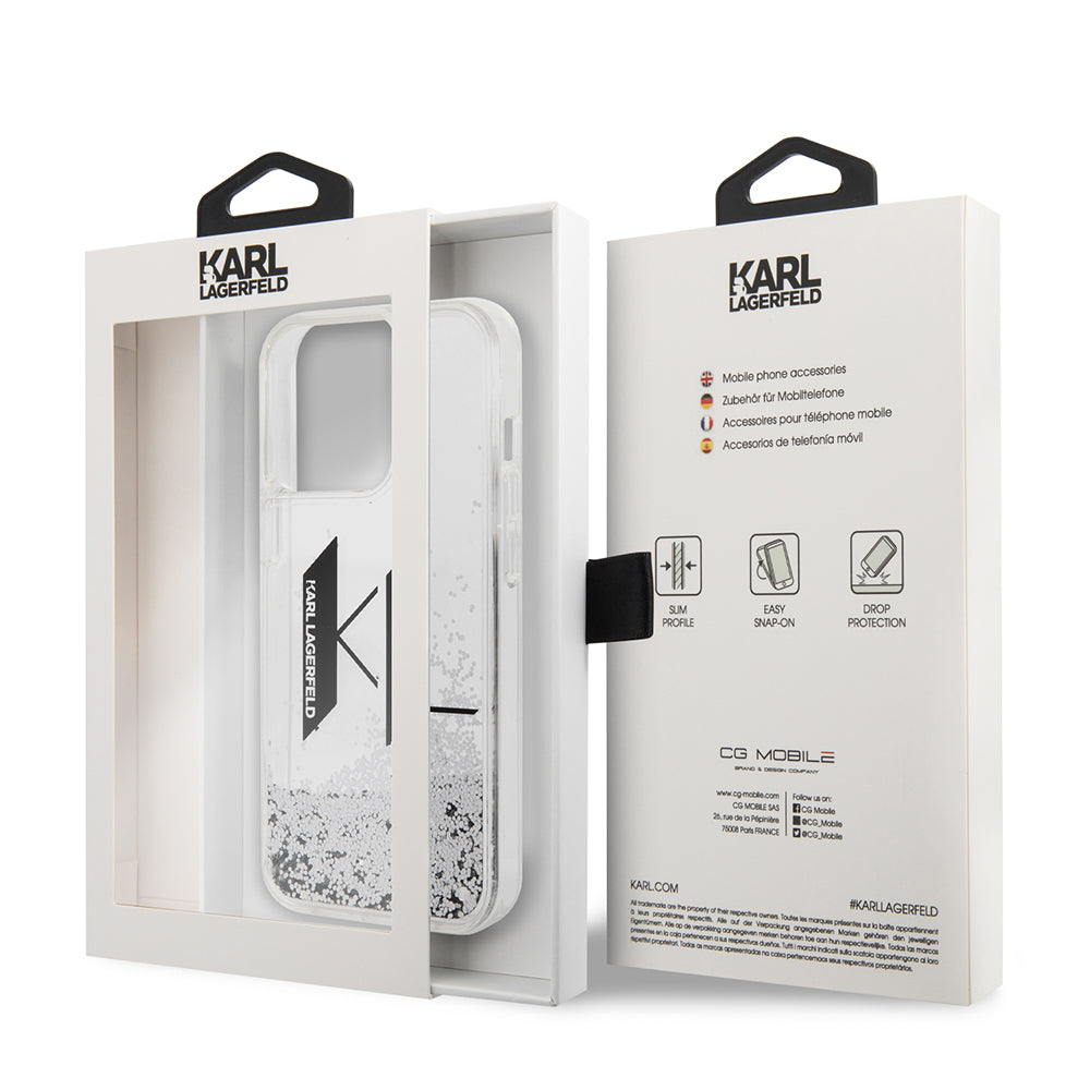 Custodia per Apple iPhone 14 Pro, Karl Lagerfeld, Liquid Glitter Big KL, Argento