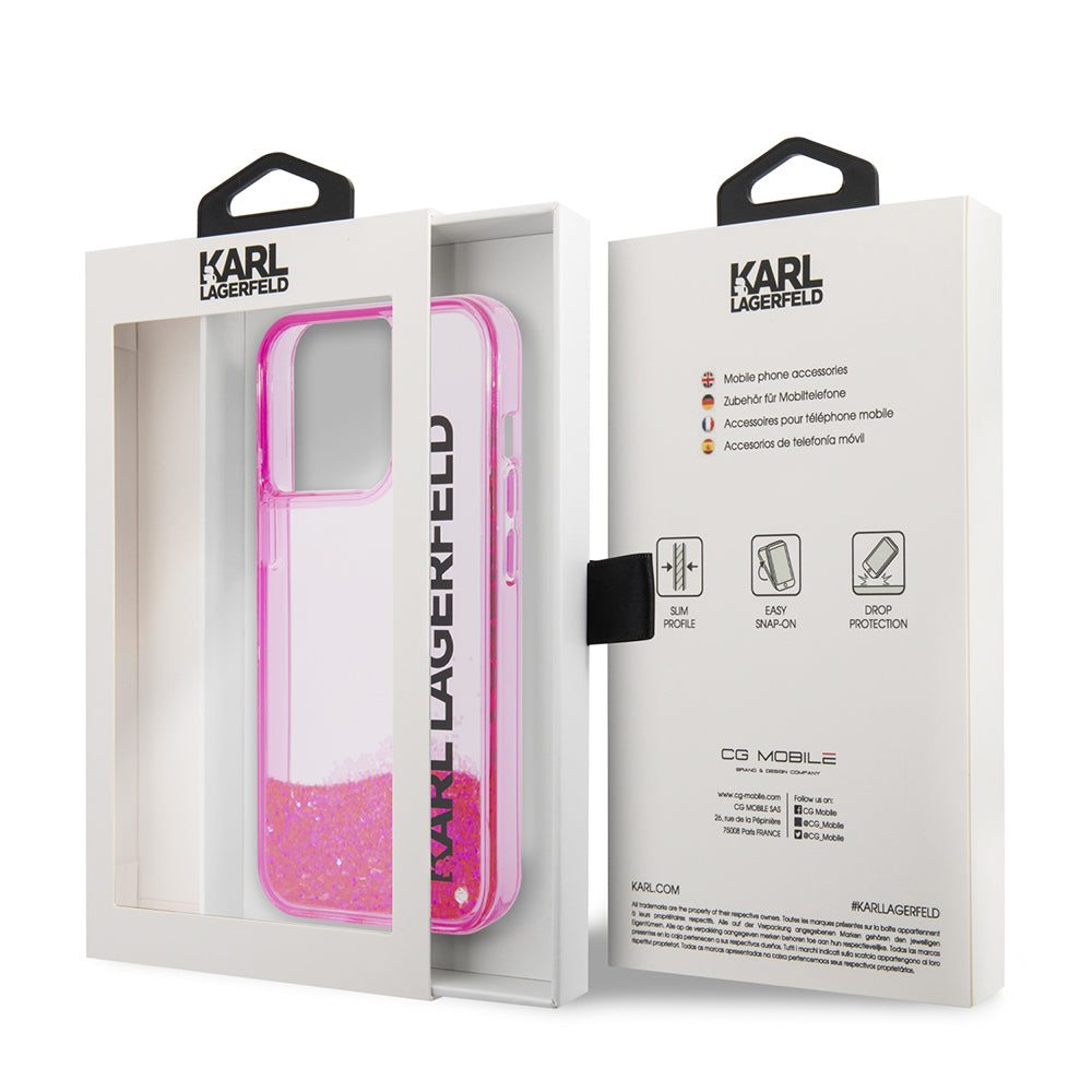 Custodia per Apple iPhone 14 Pro, Karl Lagerfeld, Liquid Glitter KL Logo, Rosa