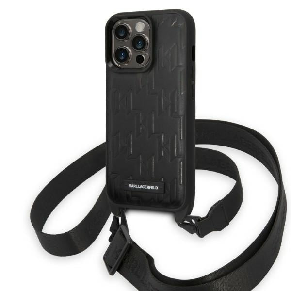 Étui pour Apple iPhone 14 Pro, Karl Lagerfeld, Monogram Plaque Logo avec Sangle, Noir